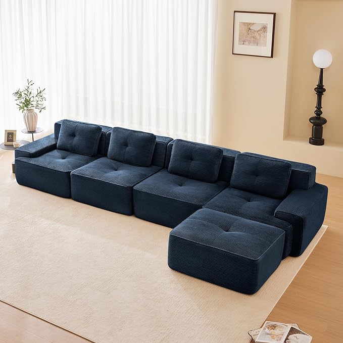 150.4'' Sectional Sofa, 32D Foam Corduroy Boneless Couch with Pillow, Deep Seat Wide Arm Sectional L Shaped Couch for Living Room, Apartment, Bedroom