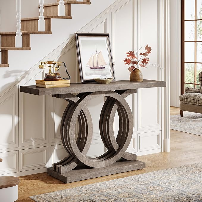 Tribesigns 55-Inch Console Table with Geometric Wood Base, Modern Entryway Table with Thick Tabletop for Living Room, Hallway, Foyer, Brown