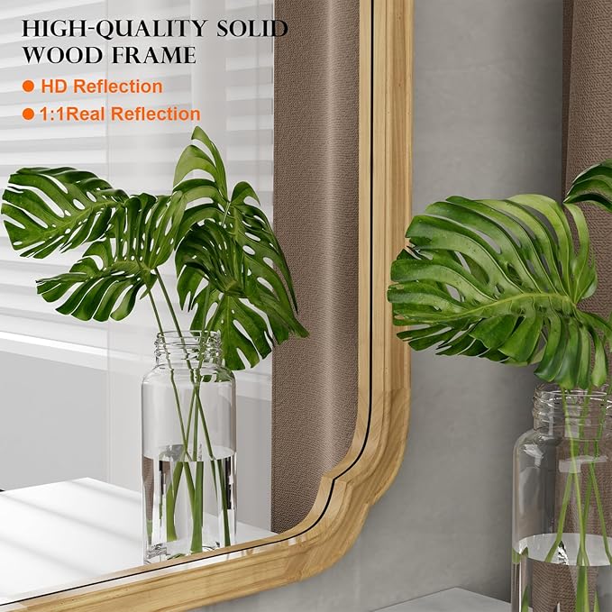 WallBeyond 20" x 30" Wood Mirror Rounded Corner Arch Wall Mirror with Wood Frame for Entryway, Living Room or Bedroom Home Decor [20" x 30" Natural Color]