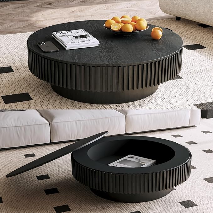 39'' Large Round Coffee Table with Storage, Fluted Coffee Table with Solid Wood Veneered, Mid Century Modern Wooden Center Table, Accent Tea Table for Living Room Apartment, Black