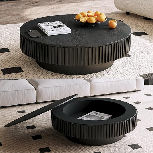 39'' Large Round Coffee Table with Storage, Fluted Coffee Table with Solid Wood Veneered, Mid Century Modern Wooden Center Table, Accent Tea Table for Living Room Apartment, Black