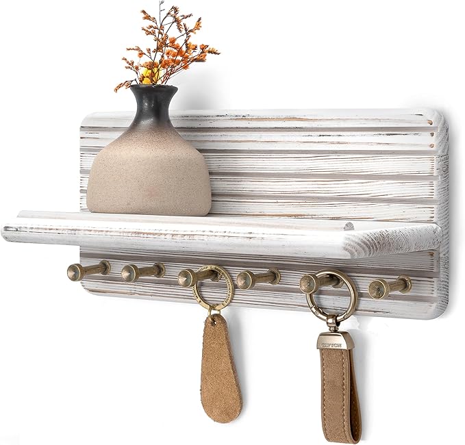 Rebee Vision Decorative Pine Wooden Key Holder Wall Mount for Apartment Essentials – Pine Wooden Key Holder for Wall with 6 Hooks & Floating Shelf – Modern Farmhouse House Decor (Whitewash)