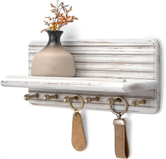 Rebee Vision Decorative Pine Wooden Key Holder Wall Mount for Apartment Essentials – Pine Wooden Key Holder for Wall with 6 Hooks & Floating Shelf – Modern Farmhouse House Decor (Whitewash)