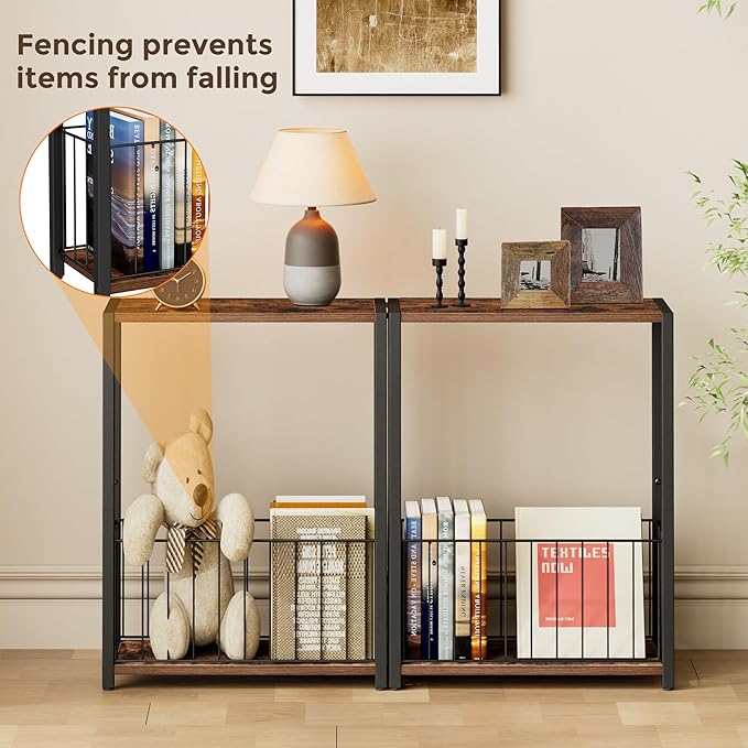 Narrow Side Table with Magazine Holder, Skinny End Table Perfect for Small Spaces, Space-Saving Design for Living Room, Bedroom, or Office, 7.1" D x 16.9" W x 23.6" H, Rustic Brown