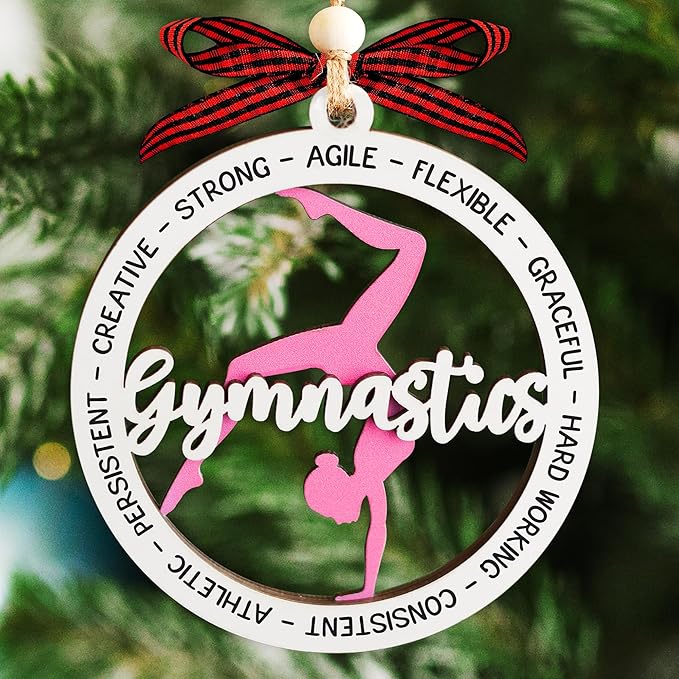 Gymnastics Ornament - 2 Layer Wooden Gymnast Ornament Girl - Gymnastics Gifts for Girls for Gymnasts - Gymnastic Ornaments for Christmas Tree - Gymnastic Gift for Kids, Althete
