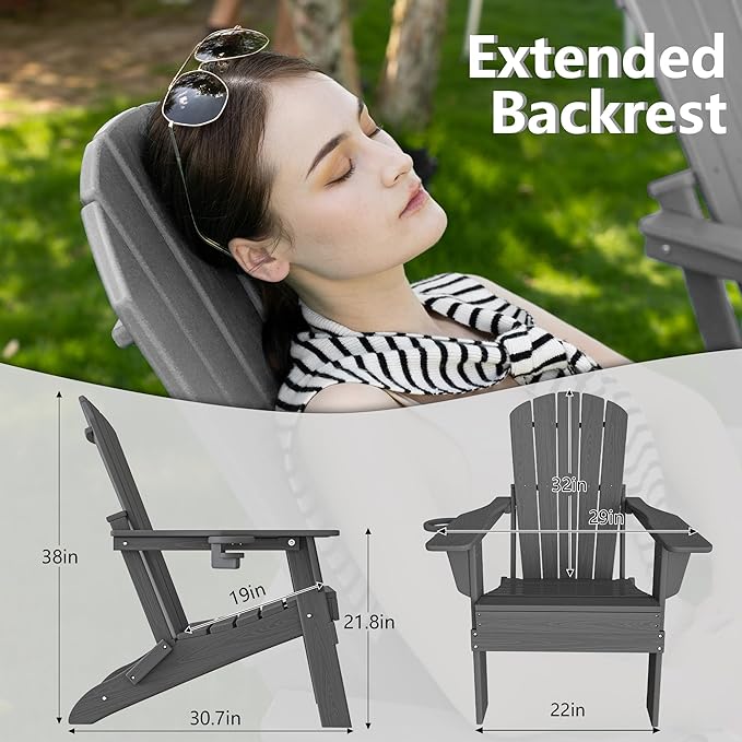 Plawdlik Folding Adirondack Chair, SGS Tested, Wooden Textured with Cup Holder, Heavy All-Weather HDPE Comfortable Set Poolside Backyard Lawn Grey Set 2