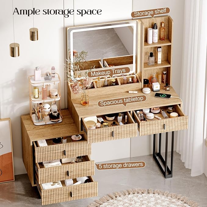 Large Vanity Desk with 3 Color Touch Screen Dimming Mirror, Vanity Desk with Charging Station, Modern Retractable Makeup Dressing Table, Makeup Table With storage shelves and 5 Sliding Drawers, Oak