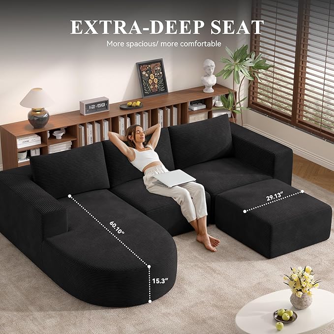 Boneless Couches for Living Room 104",Modular Sectional Sofa with Ottoman,Cloud Couch in a Box,Sponge Compression U Shaped Sofas with Chaise No Assembly Required(Black-Corduroy Fabric) 1pcs