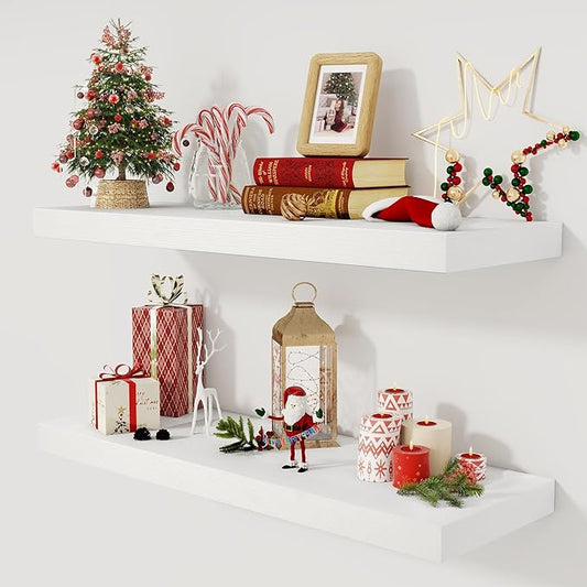 White Floating Shelves 36 Inch Long, 12 Inch Deep Floating Shelves for Wall, 36 x 12 Shelves for Wall Storage & Display, 2" Thick Floating Shelf for Bathroom, Living Room, Bedroom, Set of 2
