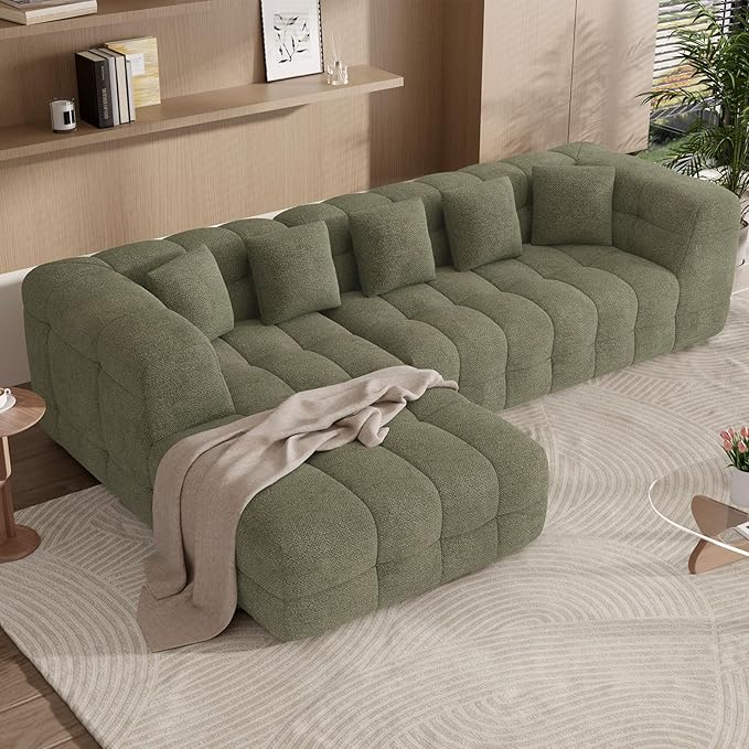 107" Modern Boneless Couch with L - Shaped Chaise, Comfy Chenille Modular Sectional Sofa with Tufted Design, Deep Seat Upholstered Sofa Bed, No - Assembly Sectional Couch, Green