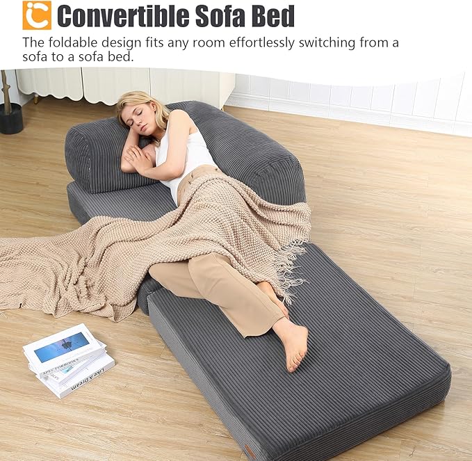 COMAX Folding Sofa Bed, Fold Out Chair Bed, Foldable Sofa, Convertible Sleeper for Adults, Futon Chair Single Small Floor Couch for Spaces, Bedroom Living Room Guest Room, Grey