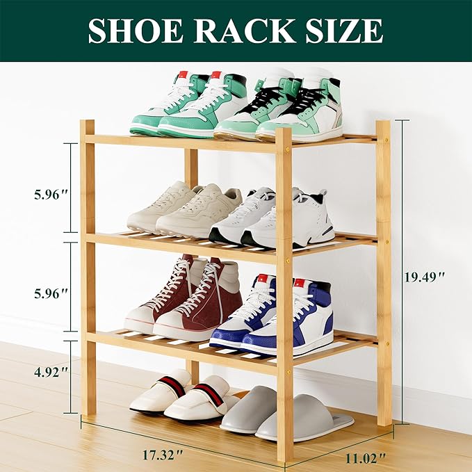 Smiry Shoe Rack, 3 Tier Small Bamboo Shoe Organizer, Stackable Free Standing Wooden Shoe Storage Shelf for Closet, Entryway, Front Door Entrance, Natural