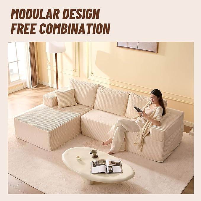 107" Boneless Couch with Deep Seat, Modular Sectional Sofa, Cloud Sectional Couch for Living Room, No Assembly Required, Corduroy, L-Shape Left?White