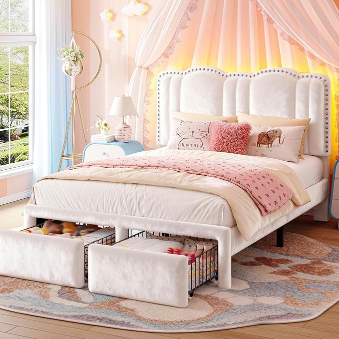 EnHomee Full Size Bed Frame with LED, Velvet Upholstered Headboard and 2 Drawers, Platform Bed Frame with Height Adjustable Headboard, Strong Support, No Box Spring Needed, Easy Assembly, Cream