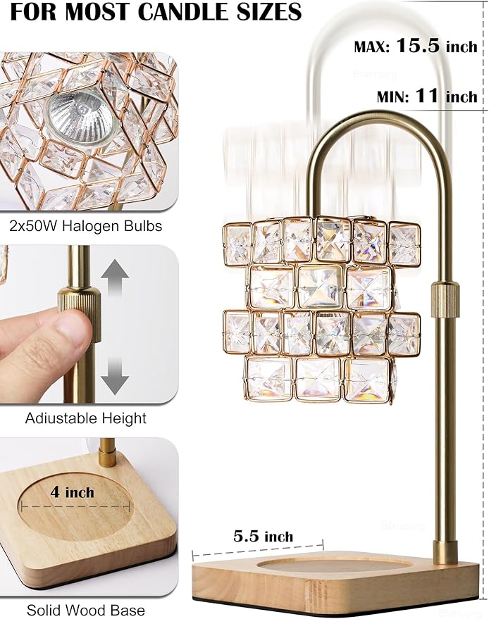 Candle Warmer Lamp Electric Candle Lamp Warmer Adjustable Height Angle with Dimmer and Timer ﻿Quadruple Diamond Texture Shape for Home Decor Wax Melts for Jar with 2 Bulbs