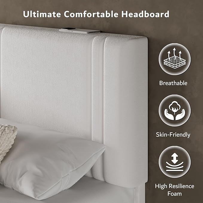 iPormis Full Platform Bed Frame with Velvet Upholstered Headboard & Thickened Legs, Mattress Foundation w/Solid Wooden Slats Support, Noise Free, No Box Spring Needed, White