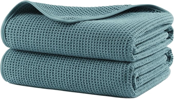 POLYTE 380 GSM Microfiber Oversize Quick Dry Lint Free Waffle Bath Towel for Body, 60 x 30 in, Set of 2