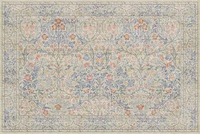 Washable Bathroom Rugs, Non-Slip Small Throw Rug for Entryway, Front Door Indoor, Mudroom, Kitchen, Powder Room, Stain Resistant Vintage Floral Décor (2x3 Beige Blue)