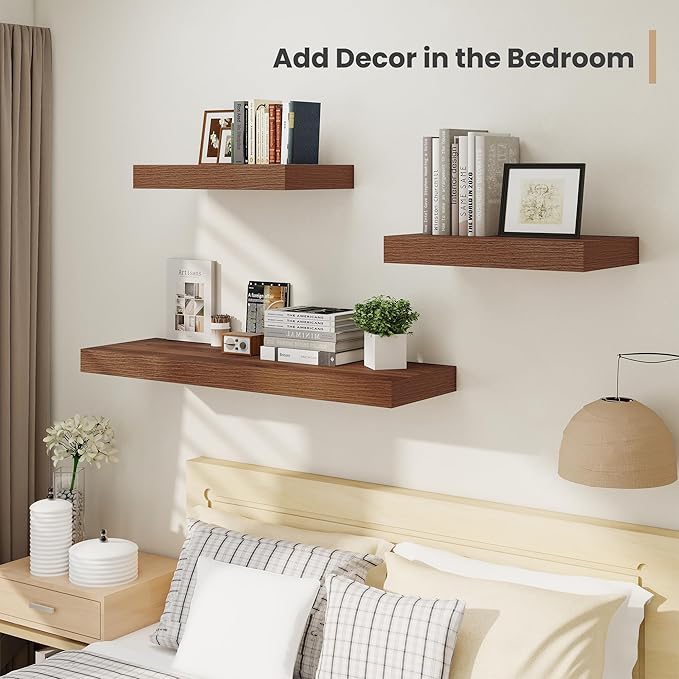 Heimlove 12" Deep Floating Shelves, 36 x 12 Inch Wall Mounted Long Floating Shelf with Invisible Brackets, for Home Decor, Bedroom, Kitchen, Living Room, Bathroom - 2 Pack, Walnut