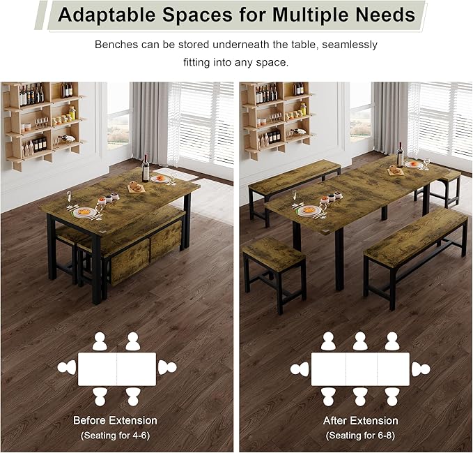 Feonase 5-Piece Dining Table for 4-8 People, 63" Extendable Kitchen Table Set with 2 Benches & 2 Square Stools, Dining Room Table with MDF Wood Board, Easy Clean, Rustic Brown