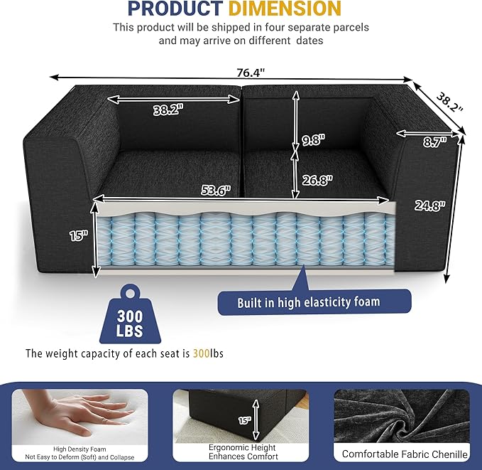 76" Sectional Compressed Sofa Modular Couches Loveseat 2 Deep Seat,High-Density Foam No Assembly Required,2-Piece(2xCorner) for Living Room Fabric Chenille Dark Grey