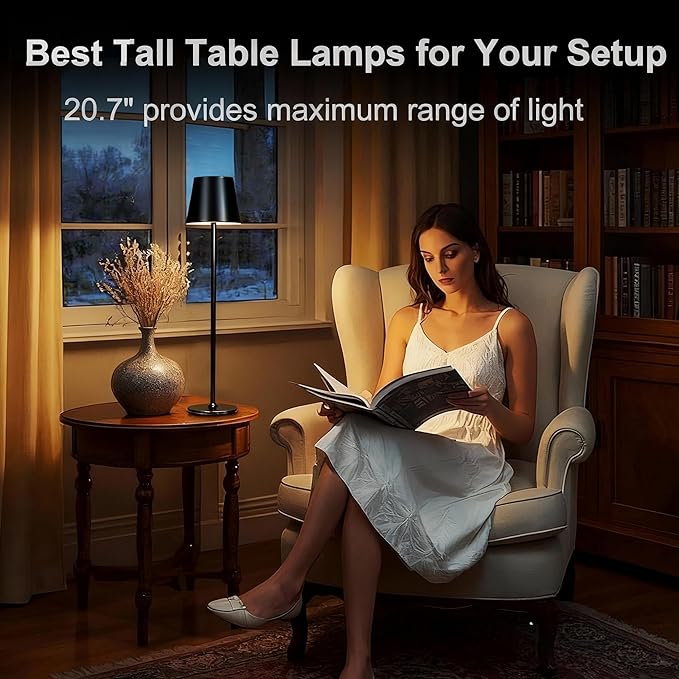 2-Pack Cordless Metal Table Lamp, 3 Adjustable Heights, 5400mAh Rechargeable Battery, 3 Colors Touch Dimming, Waterproof Portable Wireless Desk Lamp for Restaurant, Bedroom, Outdoor Patio