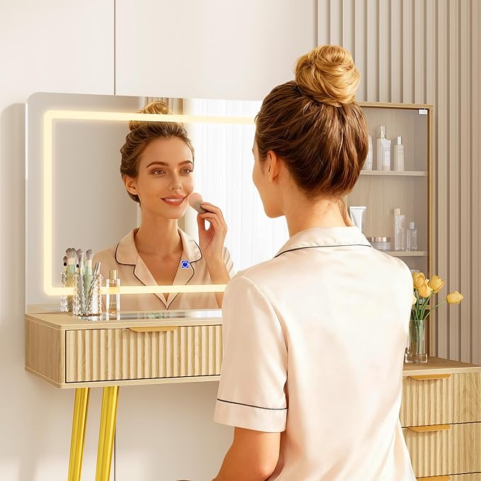 Makeup Vanity Desk with Mirror and Lights, 48" Fluted Makeup Table with Glass Top, Vanity Desk with 5 Drawers, Open Shelf & Power Outlet, Modern Dressing Table for Bedroom Living Room