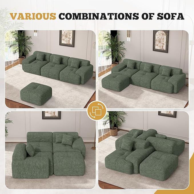 158" Modern U Shaped Modular Sectional Sofa, Boneless Couches for Living Room with Ottoman,6 Seater Convertible Chenille Cloud Couch Sofa Set, No Assembly Required, Green 1 PCS
