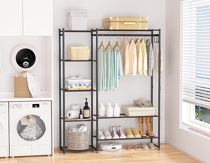 Wardrobe Closet, Portable Clothing Rack for Hanging Clothes, Free Standing Closet Organizers and Storage System with 4 Tiers Shelves for Cloakroom Bedroom, Black