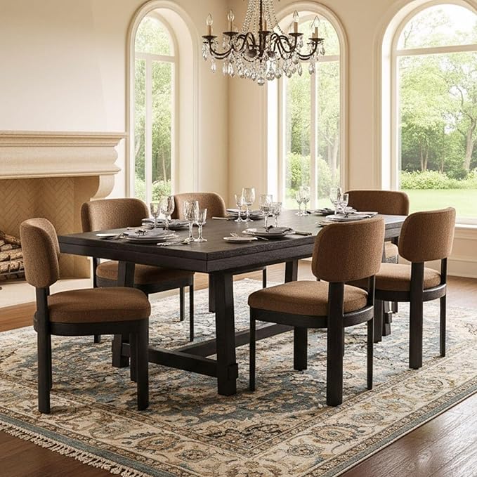 Modern Brown Upholstered Dining Chairs Set of 4 Wooden Side Chairs with Curved Backrest and Black Legs for Kitchen Island, Dining Room
