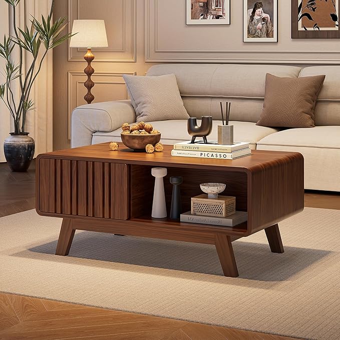 ONBRILL Coffee Table, Mid Century Modern Table with Storage Compartment, Fluted Table with Sliding Cabinet Door, Farmhouse Wood Coffee Table for Living Room (Walnut)
