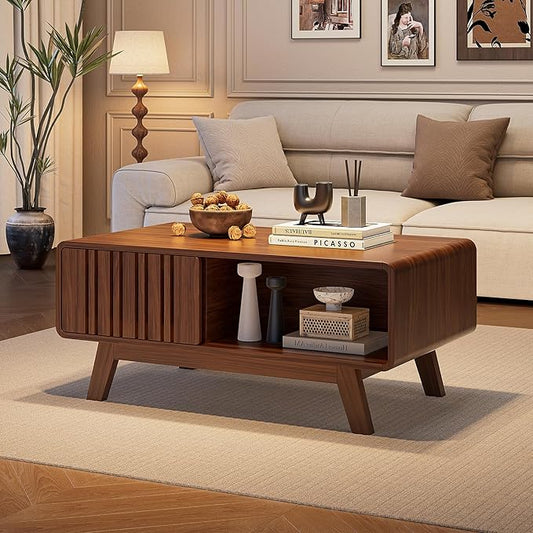 ONBRILL Coffee Table, Mid Century Modern Table with Storage Compartment, Fluted Table with Sliding Cabinet Door, Farmhouse Wood Coffee Table for Living Room (Walnut)