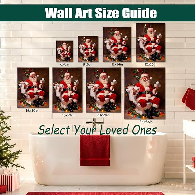 Funny Santa Claus Christmas Canvas Wall Art - Humorous Bathroom & Office Framed Print Ready to Hang, Unique Christmas Gifts for Family, Festive Winter Decor & Amusing Christmas Decorations