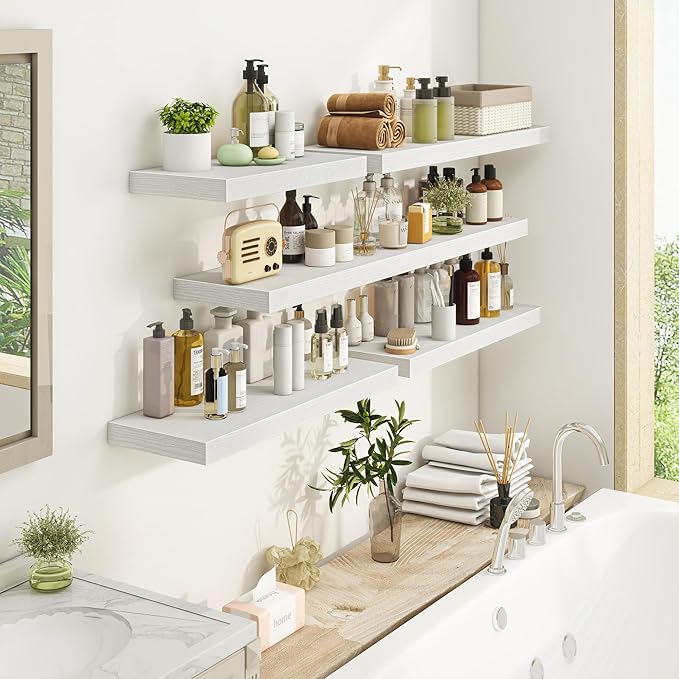 Fun Memories 36 Inch Floating Shelves - Rustic Wooden Wall Shelves - Wall Mounted Storage Shelf with Invisible Brackets - Extra Deeper & Thicker for Living Room, 36" W x 9.3" D x 1.5" H - White