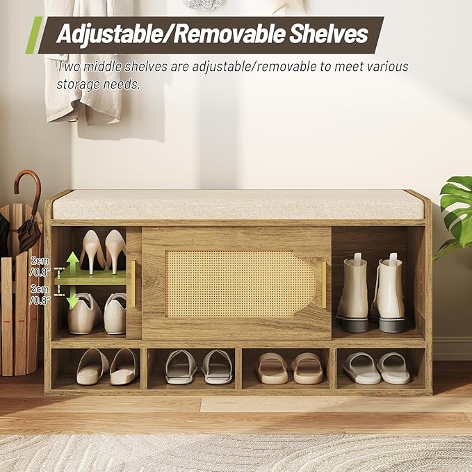 39.4" Wide Shoe Storage Bench, 2-Tier Rattan-Style Shoe Bench with Cushion Seat and 4 Open Compartments, Double Sliding Door and Adjustable Shelves, for Entryway, Hallway, Natural Pecan