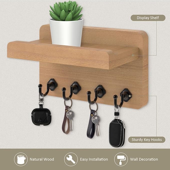 Nekon Key Holder Wall Mount, 8.5 Inch Small Home Decor Wooden Wall Organizer with 4 Hooks and Shelf, Key and Mail Holder for Living Room Entryway Kitchen (Wood)