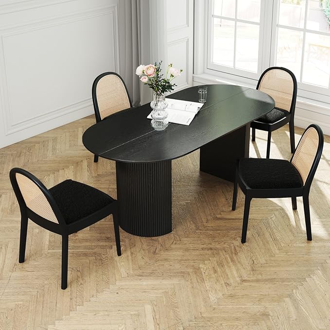 LukeAlon Modern Sherpa Dining Chairs Set of 4, Natural Woven Rattan Cane Back Side Chairs with Solid Wood Legs Mid Century Dinner Chairs for Kitchen Living Room, Black