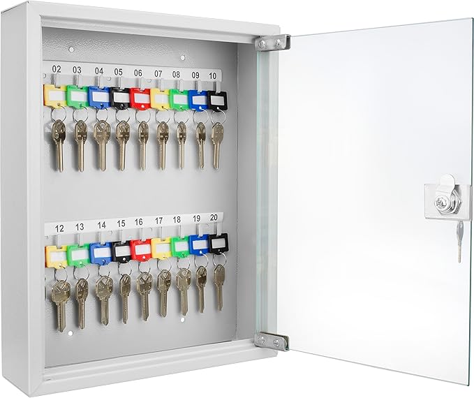 Barska Key Lock Box with Glass Door – Wall Mount Steel Key Cabinet Organizer with Labeled Hooks and Colored Key Tags for Home, Office, Property Management
