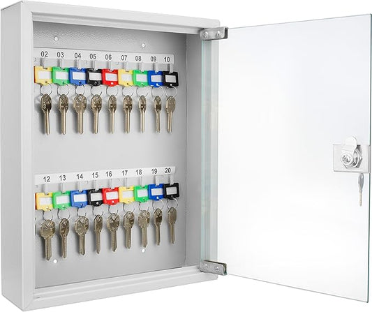 Barska Key Lock Box with Glass Door – Wall Mount Steel Key Cabinet Organizer with Labeled Hooks and Colored Key Tags for Home, Office, Property Management