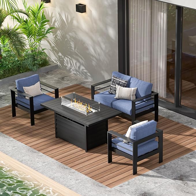 Wisteria Lane Aluminum Patio Furniture Set, 4 Piece Metal Outdoor Sofa Set with 54-INCH CSA Certified Propane Gas Fire Pit Table (Blue)