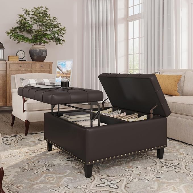 Square Leather Ottoman with Storage, Faux Leather Coffee Table with Lift Top,Large Upholstered Footrest Stool Toy Box Storage Bench for Bedroom Living Room, Chocolate