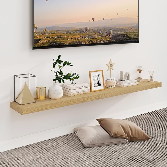 Fun Memories Floating Shelves for Wall, 55Inch Floating Shelves Set of 2, Hanging Shelf with Invisible Brackets, Wood Shelves for Living Room, Bedroom, Kitchen, Oak