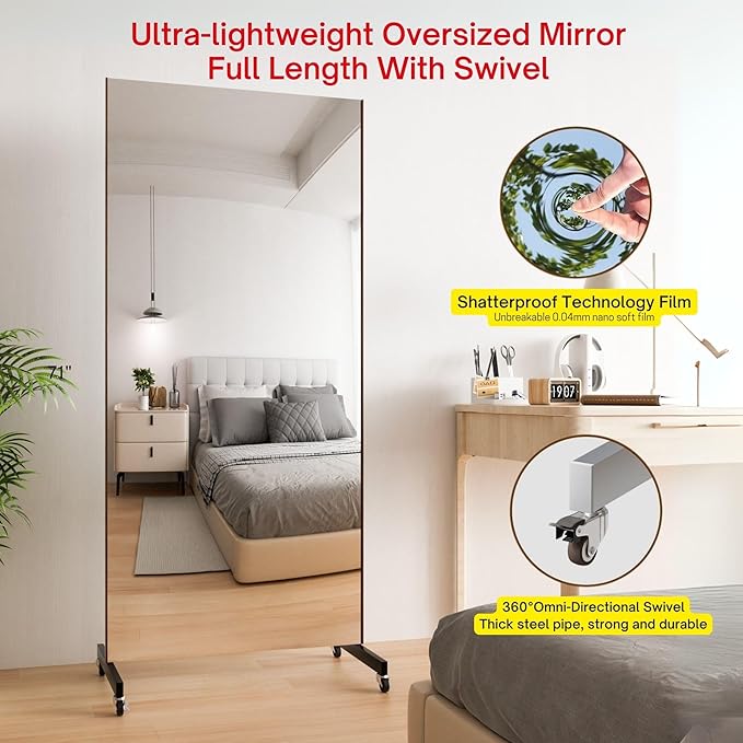 brisafe Home Gym Mirror 360° Swivel on Wheels, 75" X 47" Extra Large Full Body Rolling for Yoga, Nano Film Super Lightweight Unbreakable Full Length Mirror（White）