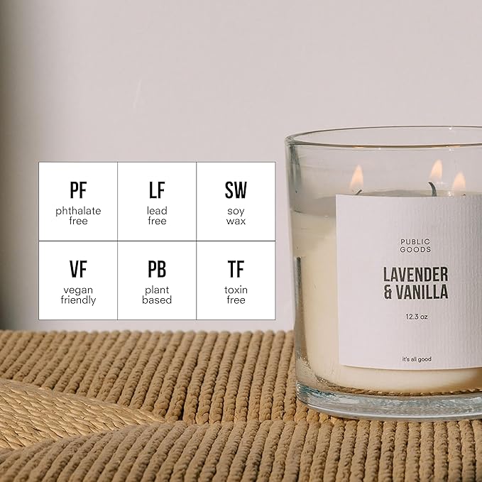 Public Goods Scented Soy Candle for Women & Men | Large 3 Wick Glass Candle | Long Lasting & Non Toxic | Made with Natural Soy Wax & Organic Essential Oils | Gift Box | 12.3oz Jar | Lavender & Vanilla