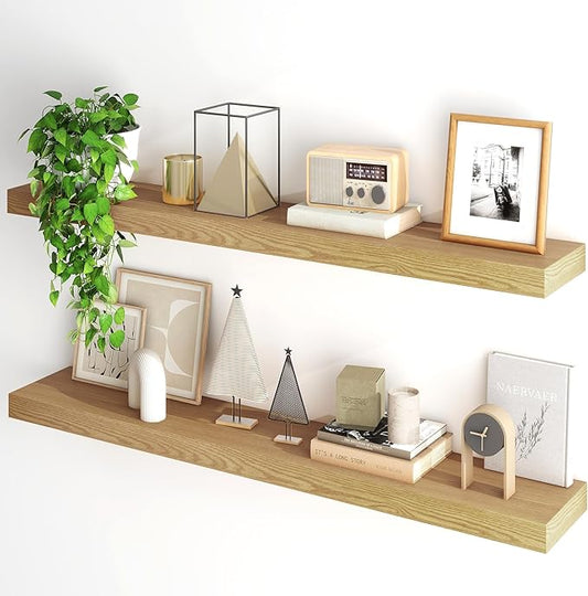 Fun Memories Floating Shelves for Wall, 48Inch Floating Shelves Set of 2, Hanging Shelf with Invisible Brackets, Wood Shelves for Living Room, Bedroom, Kitchen, Oak