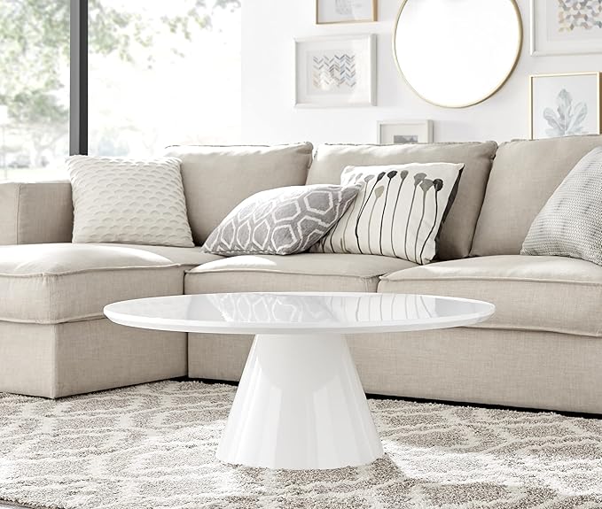 Furniturebox UK Coffee Table - Palma Round Coffee Table - Contemporary Minimalist Round Coffee Table with Tapered Central Pillar - White High-Gloss Finish - Living Room Furniture