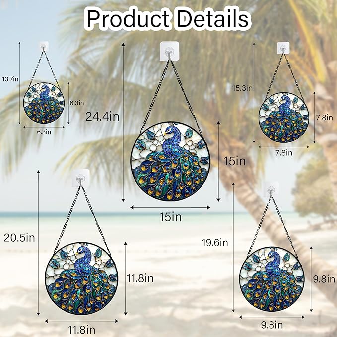 Stained Glass Window Hanging - Peacock Blue Gold Feathers Sun Catcher for Door Garden Home Decor Bird Suncatcher Christmas Mother's Day Birthday Gifts for Women Men Mom Nana 7.8 in