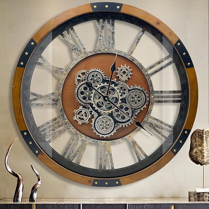 DORBOKER 27" Original Moving Gears Wall Clock, Large Industrial Wall Clock for Living Room Decor, Retro Metal Solid Wood Vintage Farmhouse Steampunk Rustic Clocks for Wall Decor,Brown Nanmu