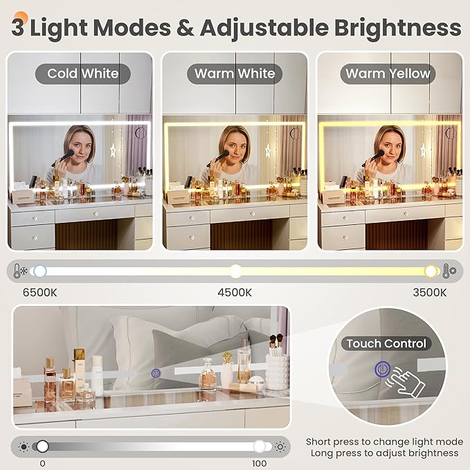 Pamapic Glass Top Vanity Desk with Crystal Handles, 11 Drawers Makeup Vanity with Mirror and Stool, 3 Lighting Modes Dressing Table, Power Outlet, Silent Slides, White