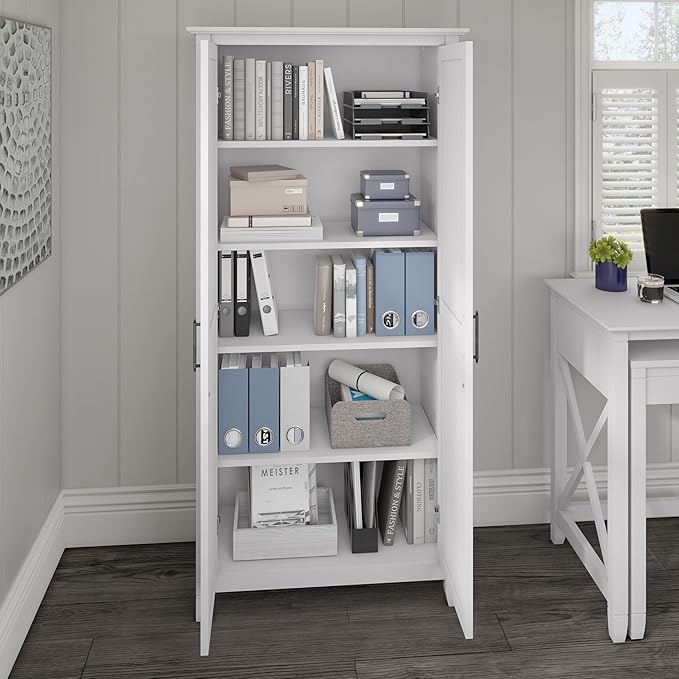 Bush Furniture Key West Tall Storage Cabinet with Doors and Shelves in Pure White Oak, 2 Door Organizer for Home Office, Living Room, Entryway